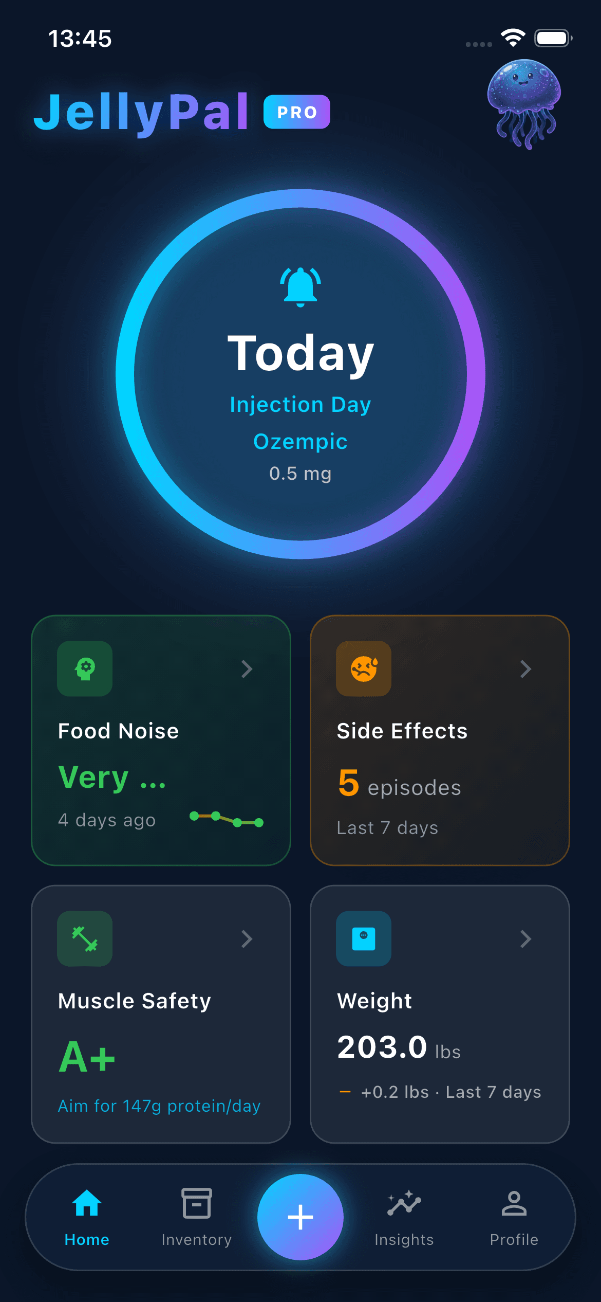 JellyPal Dashboard - injection countdown, food noise, side effects, muscle safety, and weight tracking